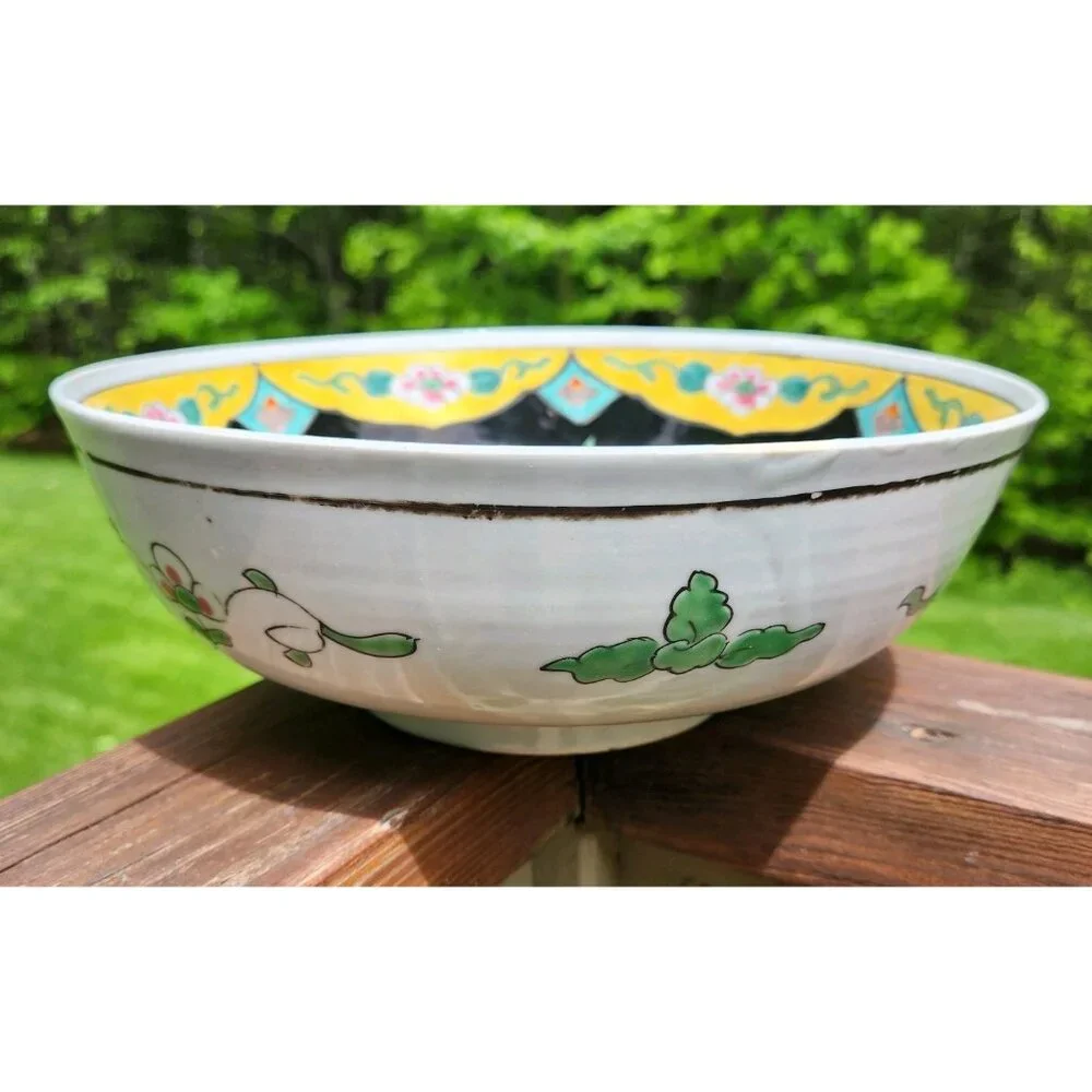 Chinese Famille Noir Porcelain Serving Bowl Birds of Paradise Flower Yellow Trim